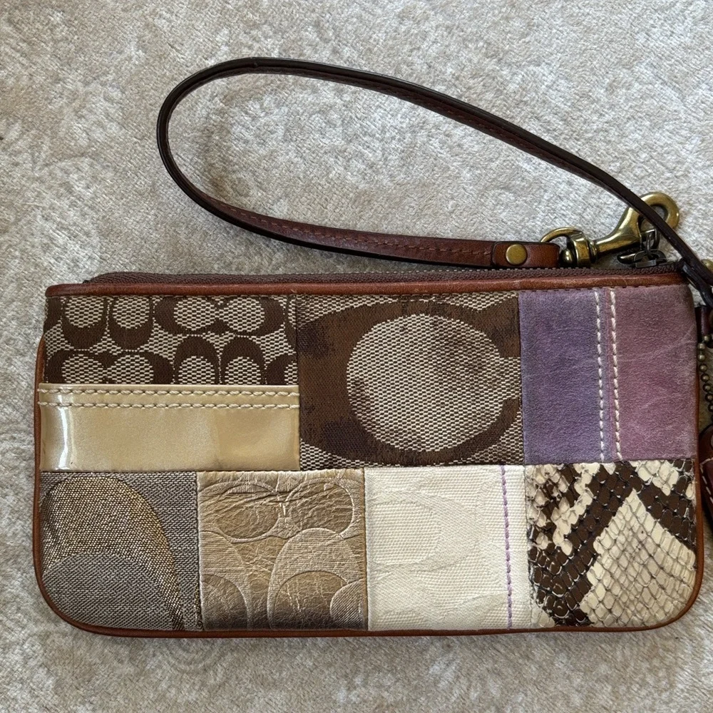 Coach Patchwork Zippered Wristlet Signature C Leather Suede Metallic Snakeskin